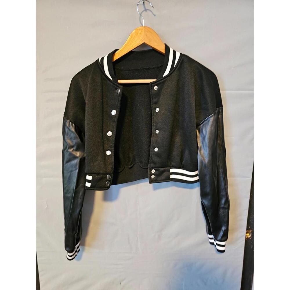 Girls Cropped Varsity Jacket Black Faux Leather Sleeves Snap Front Youth S